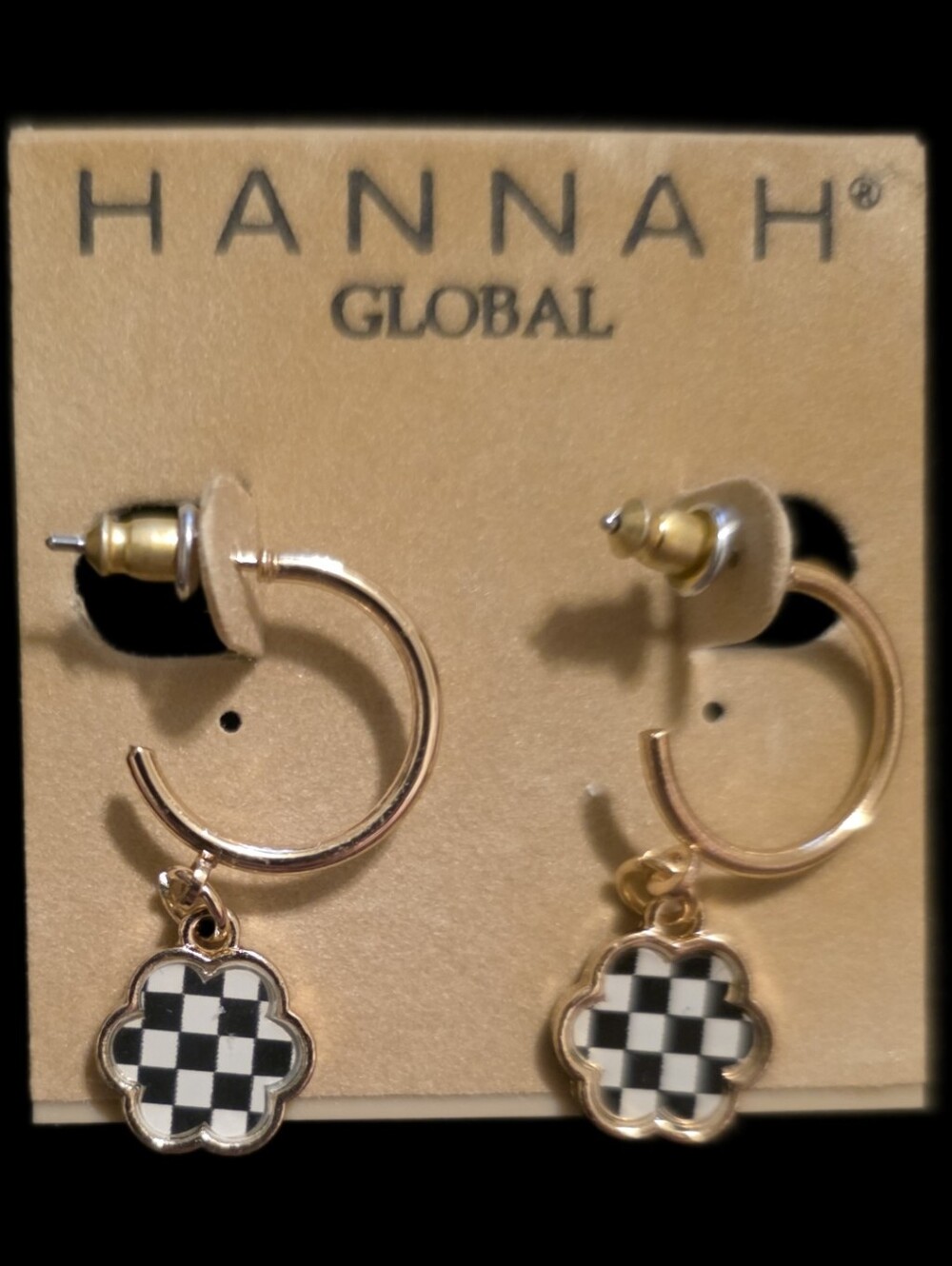 Goldtone Hoop Earrings w/Black & White Check Flower Charms